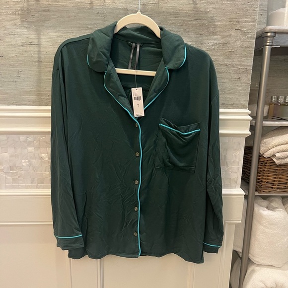 NWT new SMALL Anthropologie briar piped pajama top button down Holly green teal - Picture 10 of 17